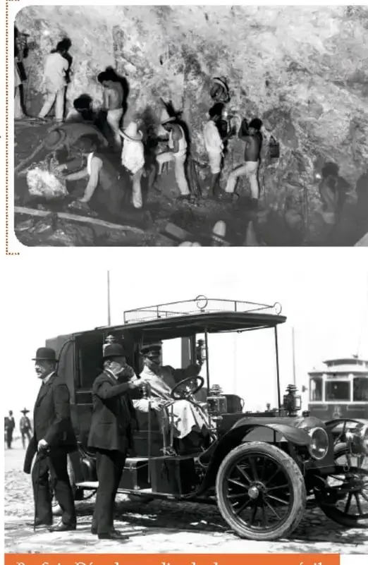 Fotografía en blanco y negro de mineros trabajando en el interior de una mina.
