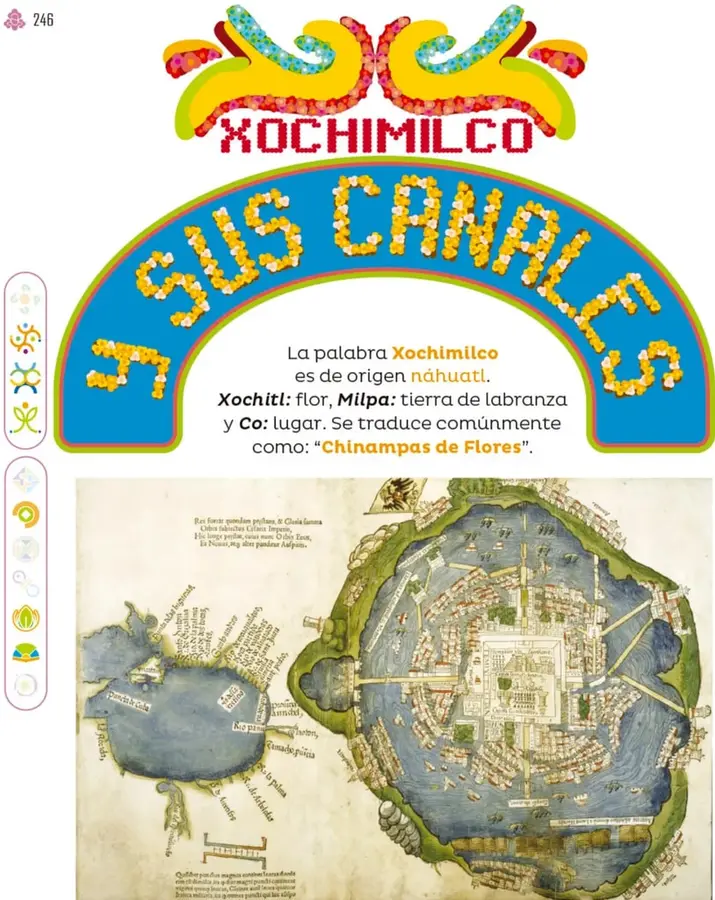 Título decorado con flores: 'Xochimilco y sus canales', en colores amarillo, azul y rojo.