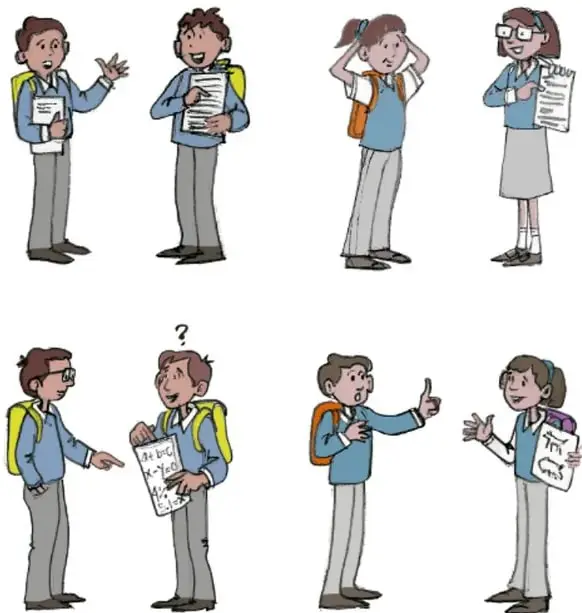 Ilustraciones de estudiantes mostrando distintas expresiones y reacciones (asombro, enojo, duda, entusiasmo).
