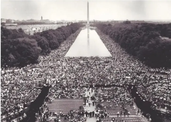 Vista aérea de la Million Man March en Washington D. C., con multitud frente al Monumento a Washington