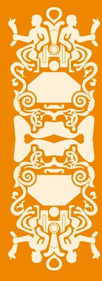 Ilustración ornamental en tonos crema sobre fondo naranja, de estilo mesoamericano, con figuras humanas estilizadas simétricas que parecen realizar actividad física o danza, enmarcadas con motivos curvilineos y geométricos.