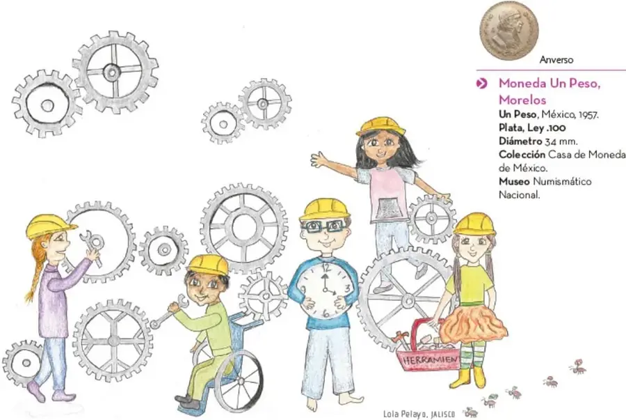 Ilustración de cuatro niñas y niños con cascos amarillos trabajando entre engranajes; una usa silla de ruedas, otra carga un reloj, otra una caja de herramientas. Ilustración de Lola Pelayo, Jalisco.