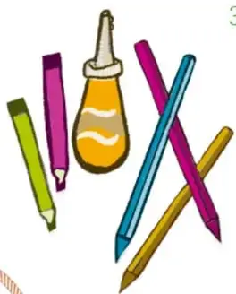 Ilustración de materiales escolares: colores, marcadores, botella de pegamento y tijeras.