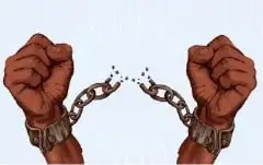 Ilustración de manos afrodescendientes rompiendo cadenas, relacionada con la liberación de las personas esclavizadas.