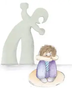 Ilustración de una figura adulta en actitud amenazante sobre una niña o niño encorvado, representando el maltrato infantil. Crédito: Paula Irene Cruz Vázquez, escuela en red.