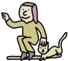 Persona sentada en una banqueta que acaricia a un gato.
