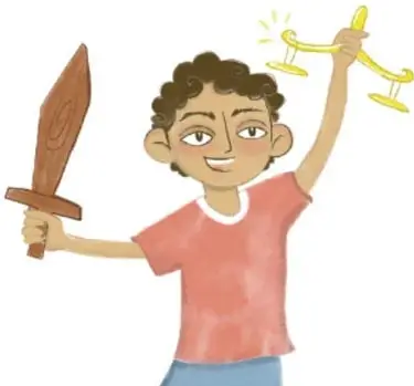 Ilustración de un niño que sostiene una espada de juguete en una mano y una balanza en la otra, símbolo de justicia y protección de los derechos.