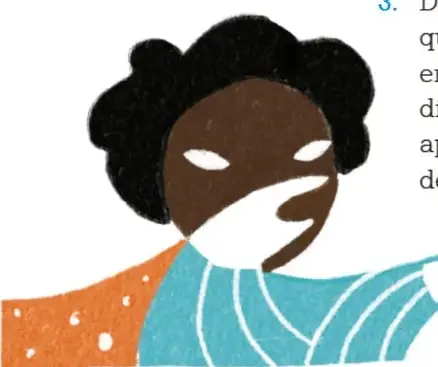 Ilustración de una niña de piel morena y cabello crespo negro, con blusa azul y naranja, señalando hacia la derecha; firma Frida Lorena Solano Martínez, Ciudad de México.
