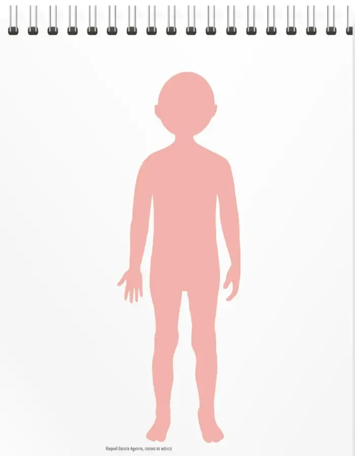 Silueta humana infantil de cuerpo completo, color rosa, dibujada sobre una hoja de cuaderno con espiral; sirve para marcar con X las partes íntimas.