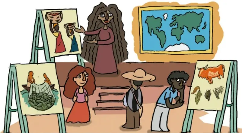 Ilustración de estudiantes en una exposición presentando obras sobre distintas regiones (una con mascaras, otra con peces, otra con ganado) y un mapa del mundo, ante una expositora. Crédito: Julio César Banda Tecalcó, Veracruz.