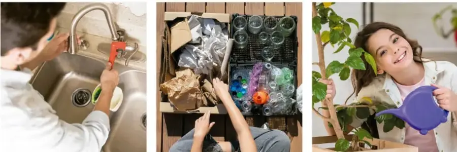 Niño lavando los trastes en el fregadero con la llave abierta, ejemplo de uso del agua en actividades cotidianas.