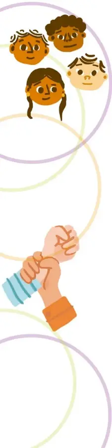 Cuatro rostros de niñas y niños de distintos tonos de piel dentro de aros de colores entrelazados, en alusión a las burbujas personales que conviven; abajo, dos manos que chocan los puños (choca esas cinco) a manera de respeto y amistad.