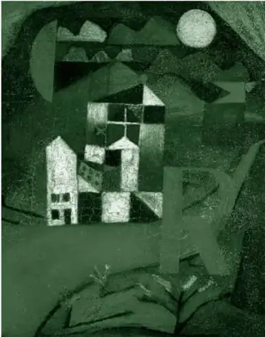 Reproducción de 'Villa R' de Paul Klee: paisaje abstracto con una construcción de triángulos, cuadrados y rectángulos al centro, terreno con pasto, árboles sin follaje, letra R gigante, montañas, laguna y sol amarillo.