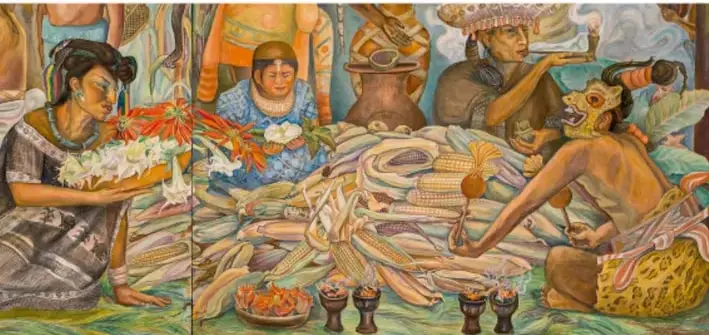 Mural con figuras prehispánicas que ofrendan maíz y otros frutos, con un personaje que vierte agua desde una vasija.