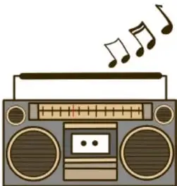 Grabadora de radio con notas musicales saliendo de ella.
