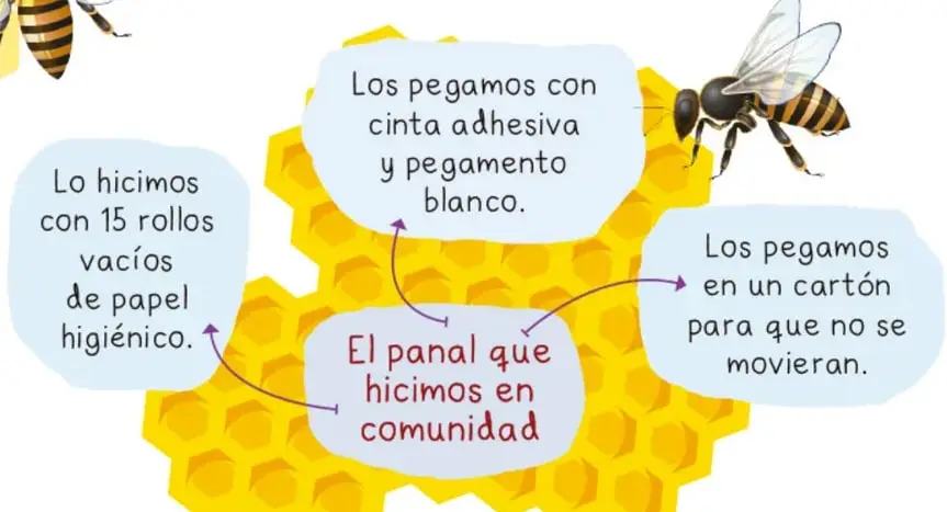 Panal de abejas con hexágonos amarillos y naranjas, con tres abejas posadas en él.