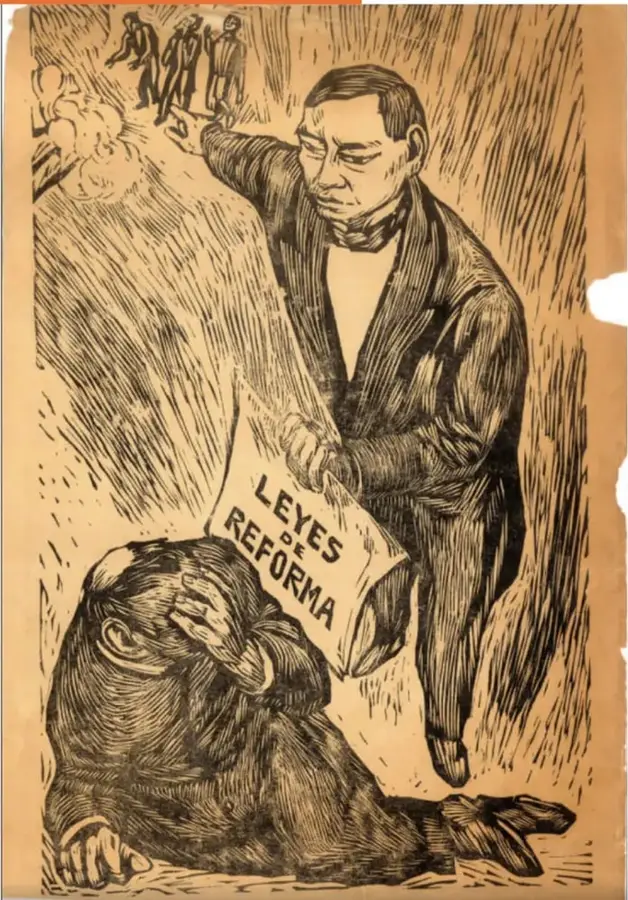 Ilustración en blanco y negro estilo grabado: Benito Juárez, de traje, entrega un documento con la leyenda "LEYES DE REFORMA" a una figura encapuchada y arrodillada que se cubre el rostro. Al fondo, varias personas observan la escena.