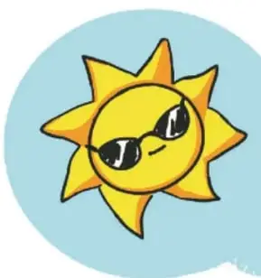 Sol animado con lentes oscuros junto a cuatro representaciones de la Luna en distintas fases.