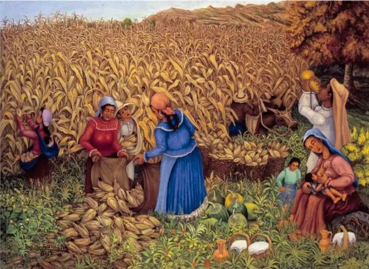 Pintura 'La cosecha del maíz' (1958) de Ezequiel Negrete Lira: campesinos recolectando mazorcas en un campo de maíz, con figuras femeninas y niños.