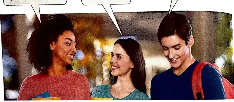 Imagen de tres jóvenes conversando sobre las funciones y los usos del GPS, acompañada de tres globos de diálogo.