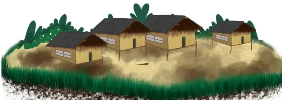 Ilustración de un palenque: chozas con techo de paja en una pequeña loma con vegetación.