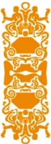 Tres figuras decorativas de arte prehispánico en color naranja que representan los ejes: Tecnología, Educación física, y Tutoría y educación socioemocional.