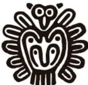 Glifo o emblema decorativo de un guajolote en negro, estilo arte prehispánico.