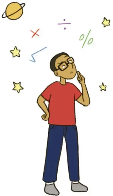 Ilustración de un estudiante pensativo rodeado de símbolos matemáticos (×, ÷, %, √) y astronómicos (planeta, estrellas); crédito: Ekatherina Busquets Maldonado, Guanajuato.