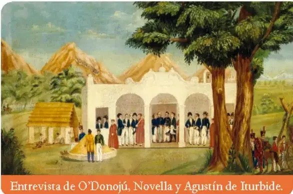 Grabado del Abrazo de Acatempan entre Iturbide y Guerrero, rodeados de soldados.