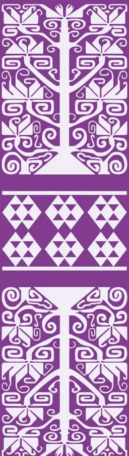 Patrón decorativo prehispánico en color morado con figuras geométricas y simbólicas.