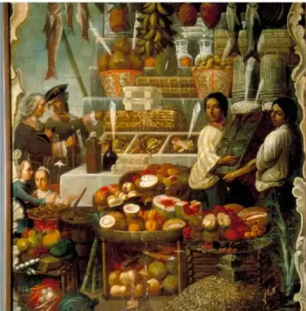 Pintura de un mercado o tianguis con vendedoras, frutas, verduras y productos coloridos, al estilo de Diego Rivera o María Izquierdo.
