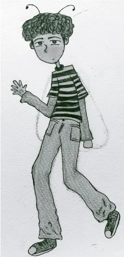 Ilustración de un niño o joven de pie con cabello rizado, antenas de insecto en la cabeza, camiseta de rayas y pantalón, con una mano levantada. Crédito: Sinal Martínez Guzmán, Estudio M México.