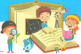 Ilustración de niños estudiando y leyendo libros.