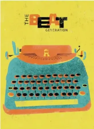 Ilustración de una máquina de escribir vintage con la inscripción 'THE BEAT GENERATION' sobre fondo amarillo.