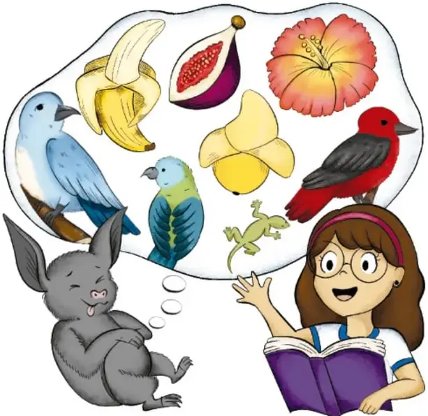 Un murciélago risueño con un globo de pensamiento que contiene frutas (plátanos, higo, mango), una flor naranja de hibisco, dos aves y una lagartija verde; junto a él, la niña de lentes lee un libro morado.