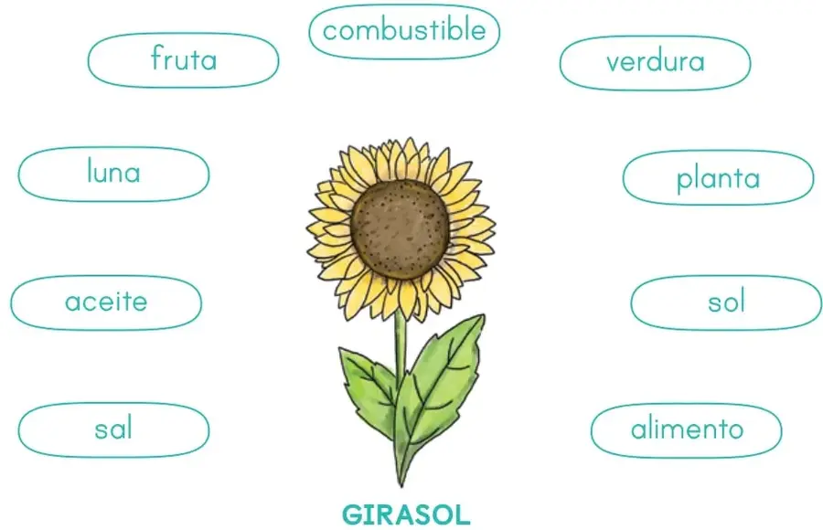 Ilustración de un girasol con pétalos amarillos, centro café y hojas verdes.