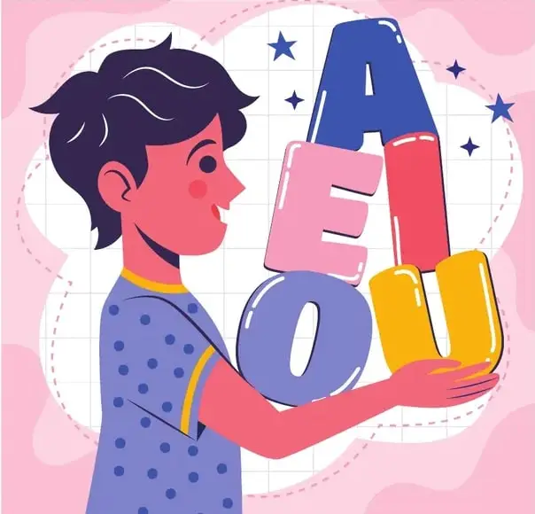 Ilustración de un niño sonriendo y sosteniendo las cinco vocales (A E I O U) coloridas dentro de una burbuja con estrellas.