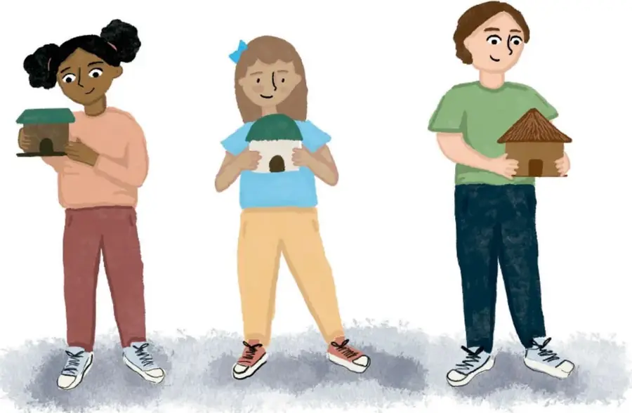 Ilustración de tres estudiantes de primaria sosteniendo maquetas de casas de bioconstrucción con techos verdes y materiales naturales.