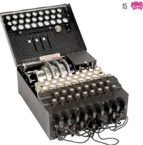 Otra vista de una máquina Enigma con teclado y rotores visibles.