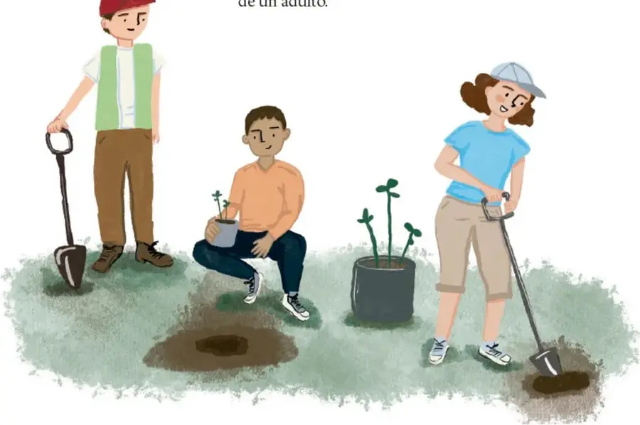 Ilustración de tres estudiantes en un área verde: uno de pie con pala, otro en cuclillas con una maceta con planta y una tercera con pala pequeña junto a una maceta grande.