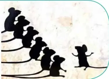 Ilustración de siete ratones negros subiendo por una superficie clara, uno de ellos en dos patas.