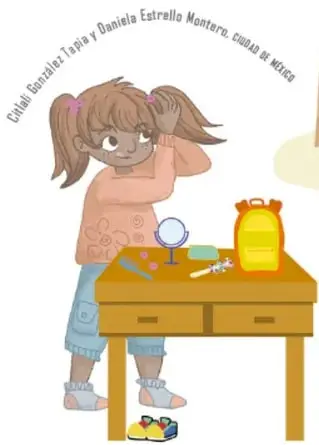 Ilustración de un niño frente a un espejo de cuerpo completo, con una bolsa de basura al lado.