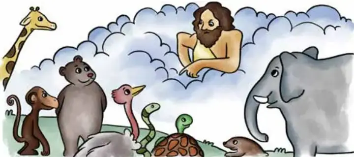 Ilustración de Júpiter asomado entre nubes, observando a varios animales: jirafa, mono, oso, flamenco, serpiente, tortuga, ratón y elefante.