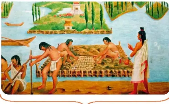 Pintura que representa a varios mexicas construyendo chinampas sobre el lago, con canoas y un personaje principal.