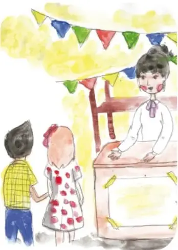 Ilustración a acuarela de una niña vendiendo golosinas en un puesto decorado con banderines de colores, con dos niños comprando; firma de Ricardo Álvarez Gutiérrez, Chiapas.