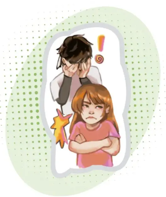 Ilustración de dos personajes con expresiones de preocupación y enojo: uno se cubre la cara con las manos y otro tiene los brazos cruzados, con símbolos de exclamación. Crédito: Abigail Godoy Araujo, QUERÉTARO.
