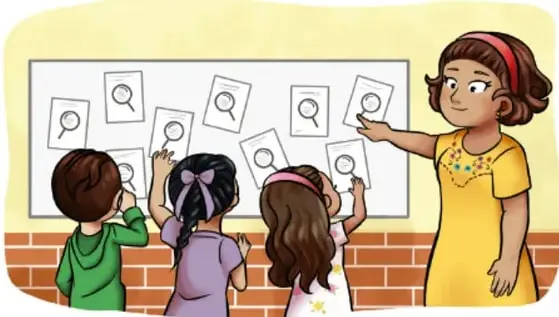 Ilustración de una maestra señalando un pizarrón con lupas dibujadas; tres estudiantes observan y participan. Al pie se lee: Estrella Sarai Mata Medina, TAMAULIPAS.