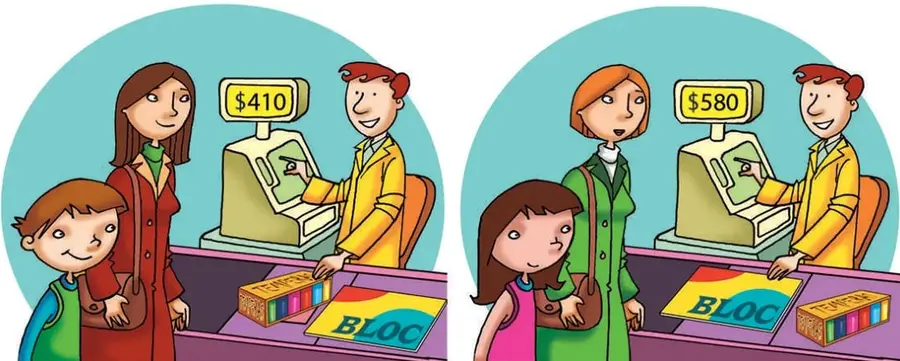 Una mujer y un niño (Rocío) en una librería; la caja registradora marca \$410 y sobre el mesón hay un bloc y una caja de lápices de colores.