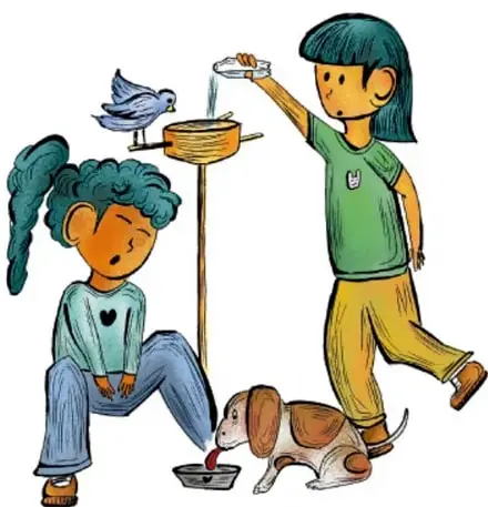Ilustración de dos niñas y un perro en una área verde: una niña llena un bebedero para un ave que está posada, mientras otra niña observa sentada; un perrito bebe agua de un recipiente en el suelo. Crédito: Luis Fernando Sotelo Gaspar, Querétaro.