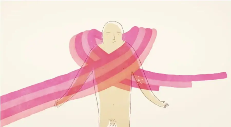 Ilustración de un hombre con el cuerpo pintado por una cinta de franjas rosas y rojas que cruza sus brazos extendidos, como vestido de colores.
